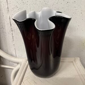 Handkerchief Vase Murano Glass Handmade Blown Glass Dark Brown White Vintage